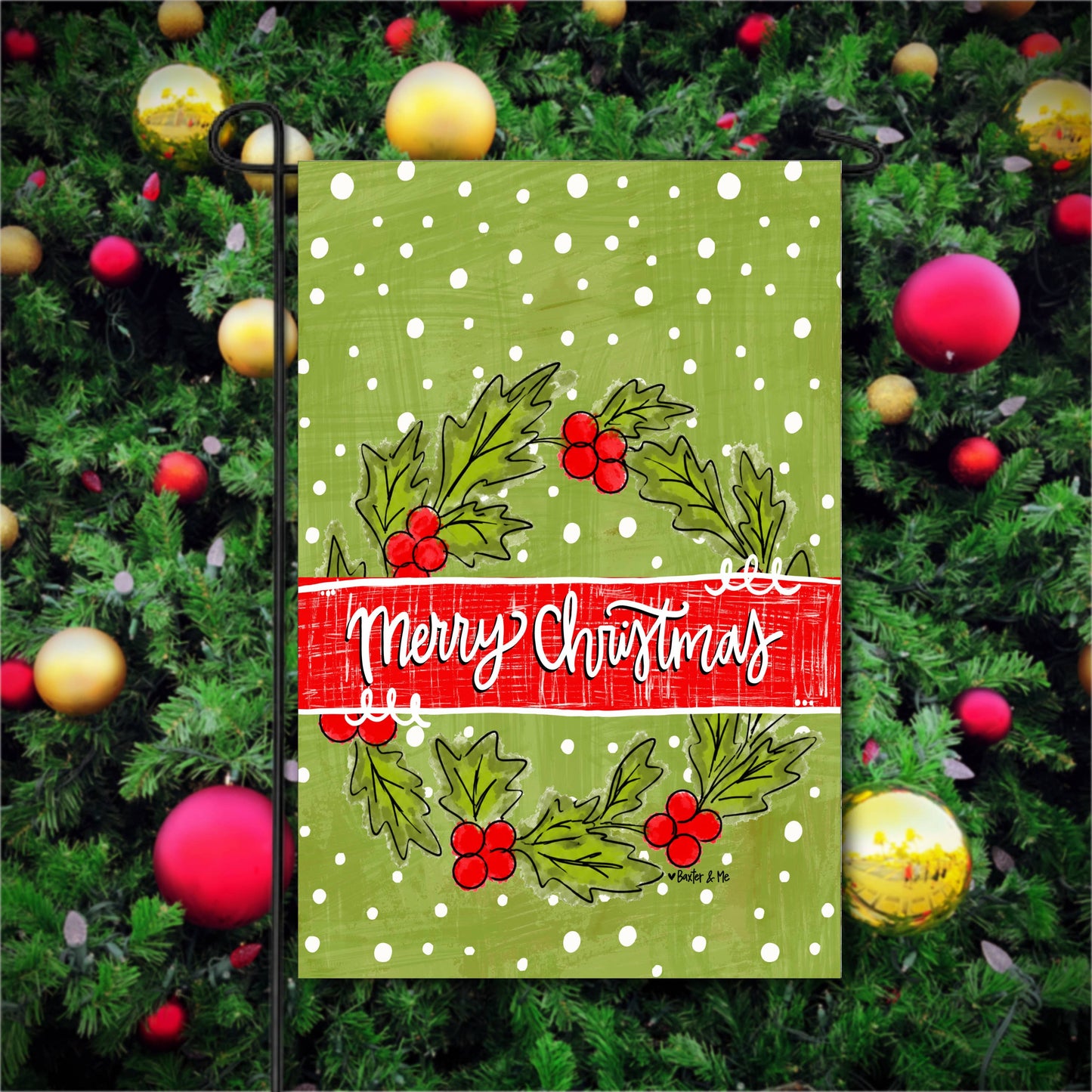 The Porch Baxter and Me Merry Christmas Holly Berry Wreath Garden Flag