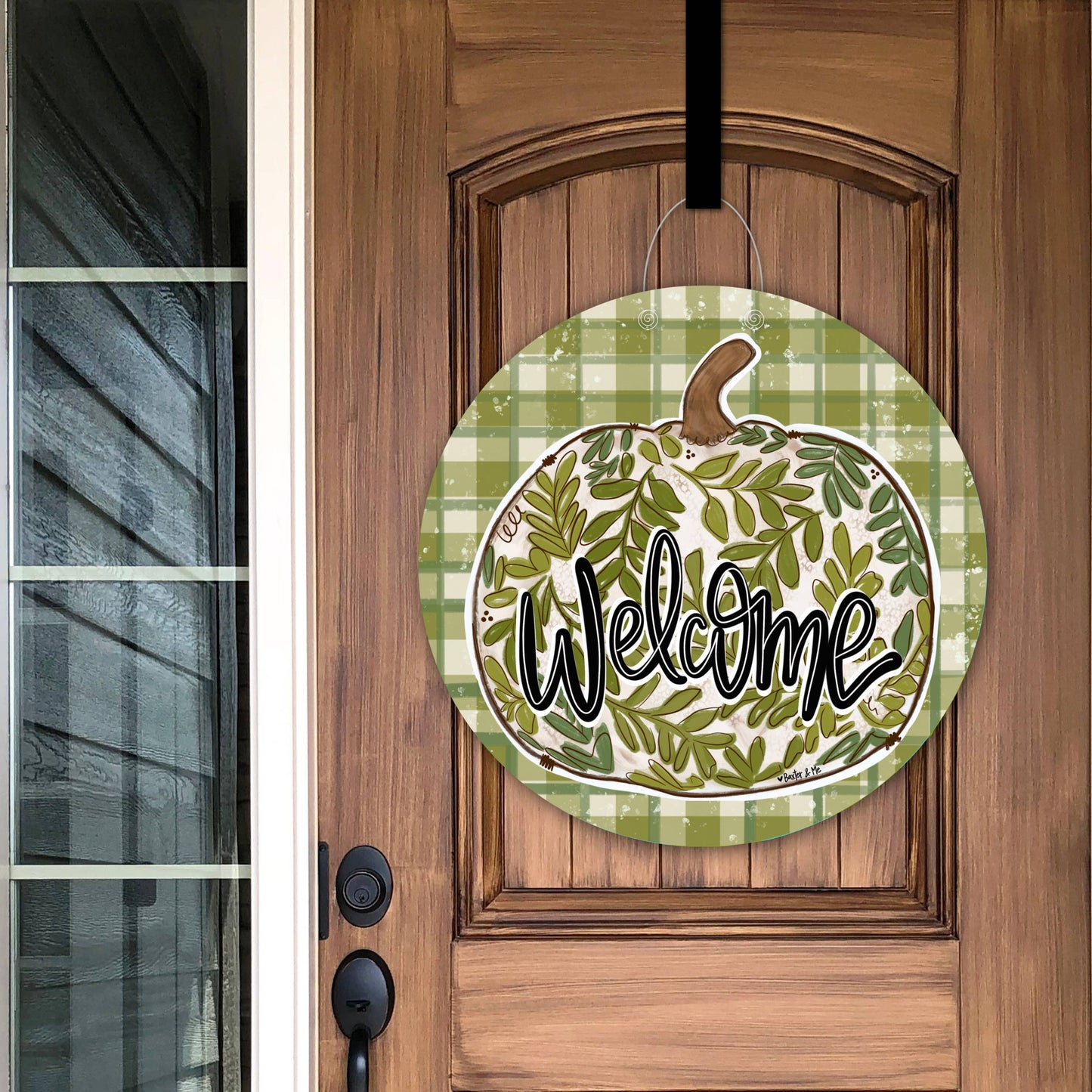 The Porch Baxter and Me Welcome Green Leaf Pumpkin Plaid Door Hanger