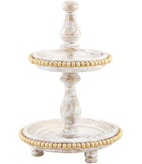 The Porch Mud Pie Mini Whitewashed Gold Beaded Tiered Server