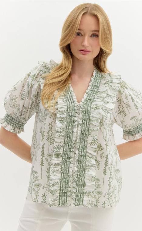 Ruffled Smocked V-Neck Blouse