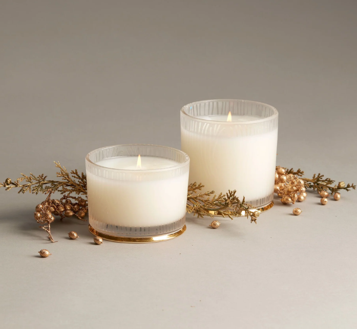 Thymes Frasier Fir Gilded Frosted Wood Grain Candle