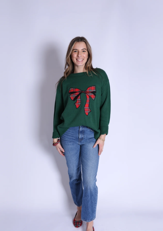 Top It Off Pippa Sweater Green with Tartan Plaid Bow