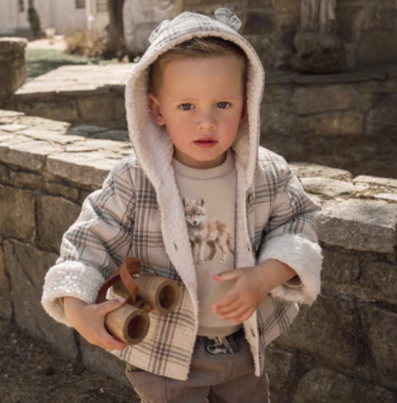 Elegant Baby Neutral Plaid Sherpa Lined Reversible Jacket