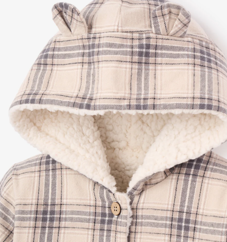 Elegant Baby Neutral Plaid Sherpa Lined Reversible Jacket