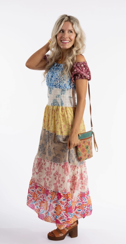 Long Patchwork Peasant Sleeve Dress