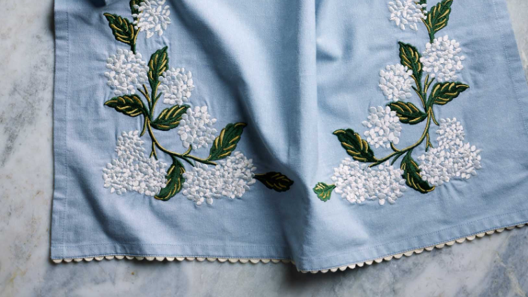 Rifle Paper Co Hydrangea Embroidered Tea Towel