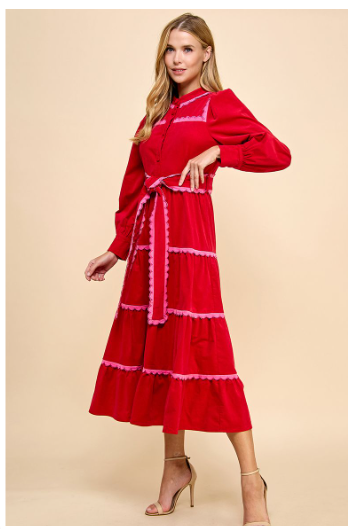 Scalloped Midi Red Dress