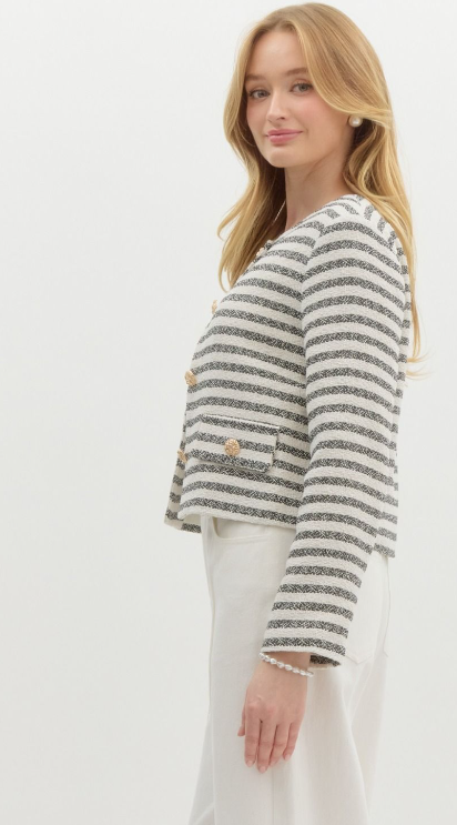 Striped Tweed Faux Pocket Jacket