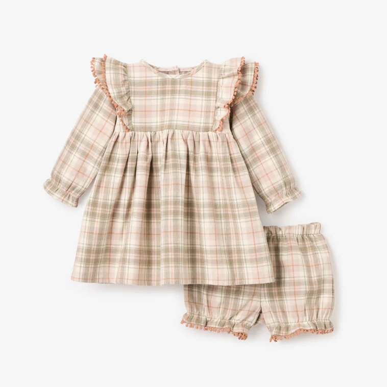Elegant Baby Plaid Ruffle Shoulder Dress & Bloomer Set