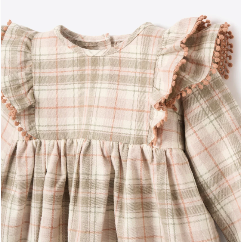 Elegant Baby Plaid Ruffle Shoulder Dress & Bloomer Set