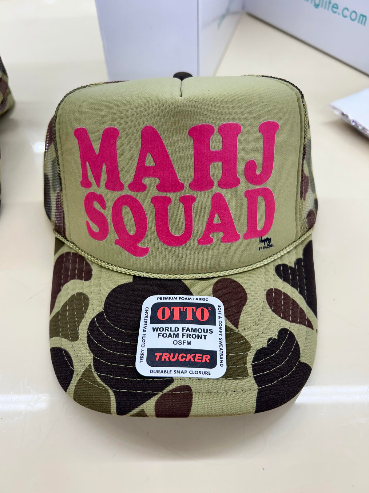 Happy by Rachel Mahjong Trucker Hat Camo