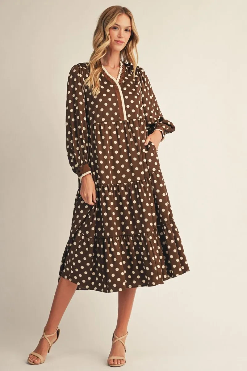 Ruffled Polka Dot Long-Sleeve Midi Dress