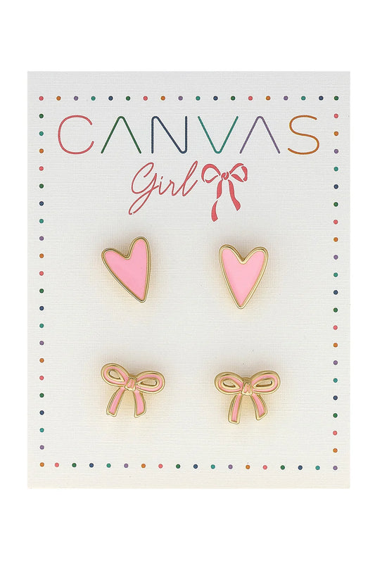 Canvas Clementine Bow & Heart Children's Stud Earrings (Set of 2)