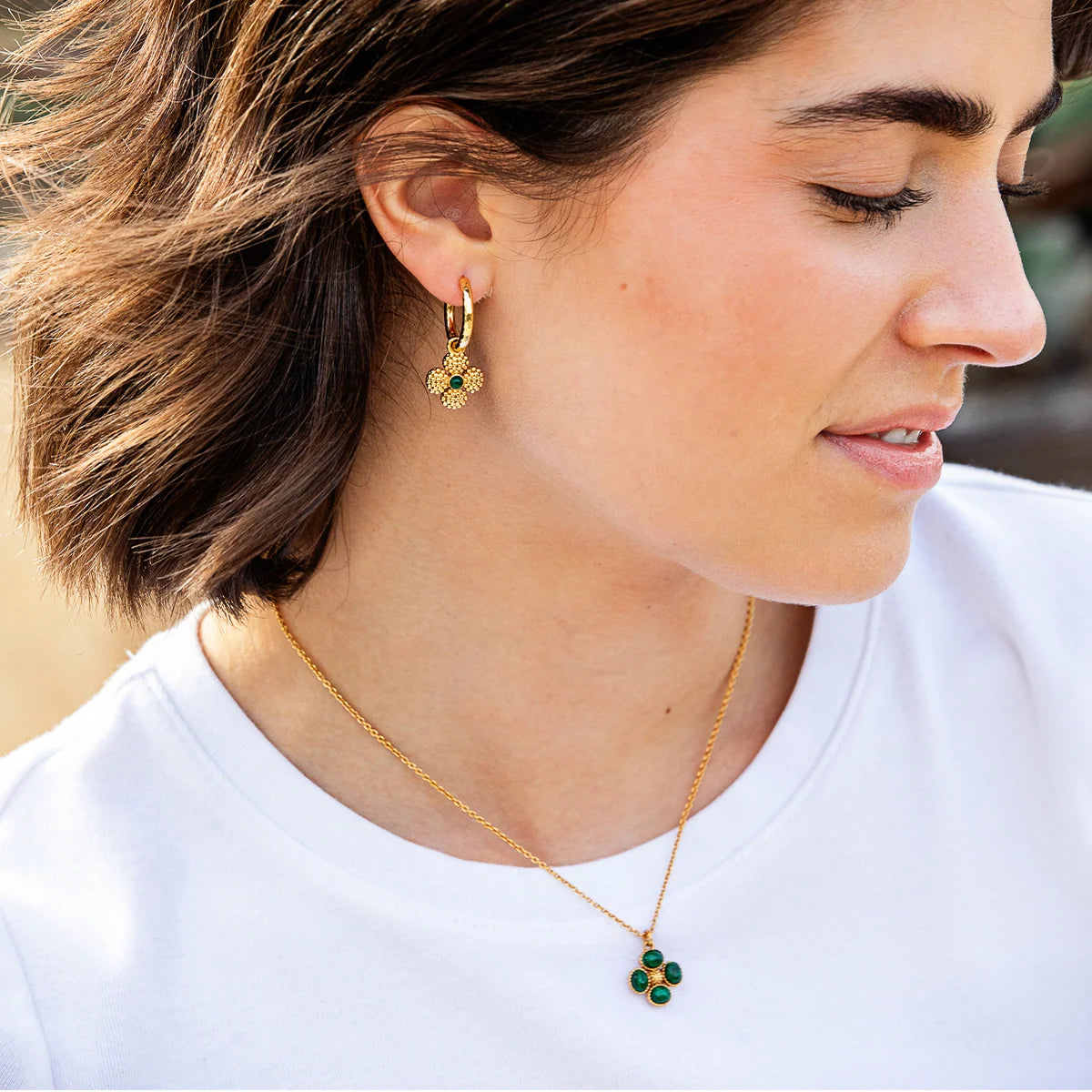 Capucine De Wulf Berry Clover Hoop Earrings with Double Sided Charm - Malachite
