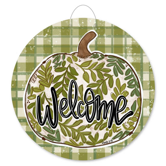 The Porch Baxter and Me Welcome Green Leaf Pumpkin Plaid Door Hanger