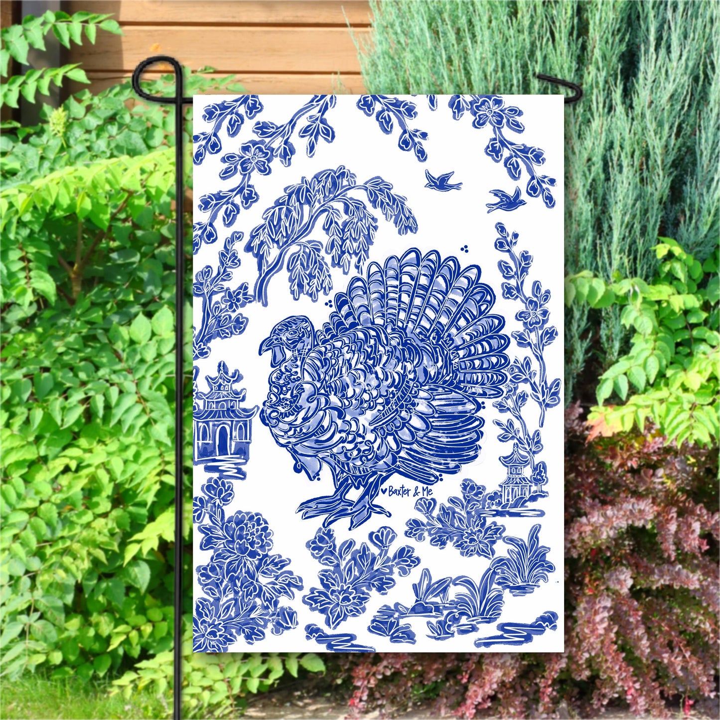 The Porch Baxter and Me Blue Willow Turkey Garden Flag