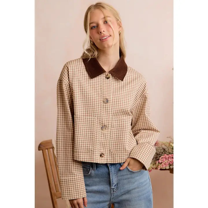 Gingham Check Print Corduroy Collar Jacket