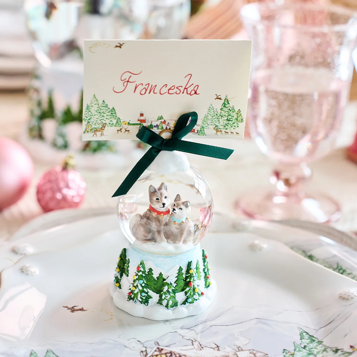 North Pole Husky Snow Globe Place Card Holder