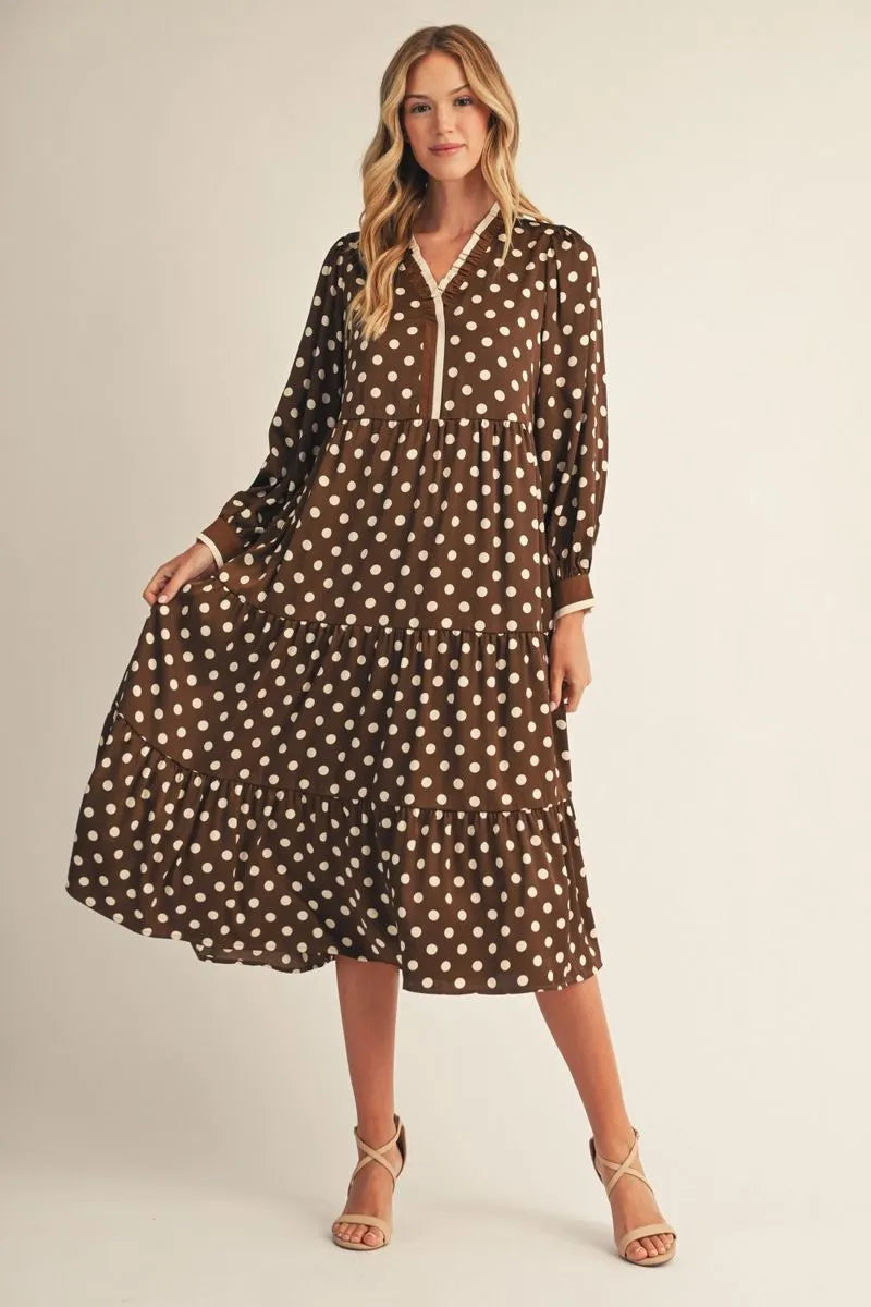 Ruffled Polka Dot Long-Sleeve Midi Dress