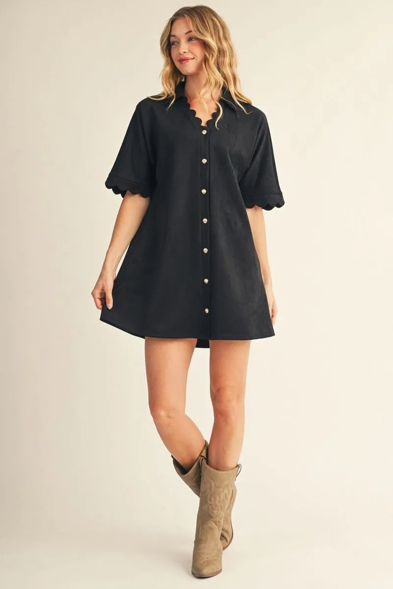 Scalloped Button-Down Short Sleeve Dress