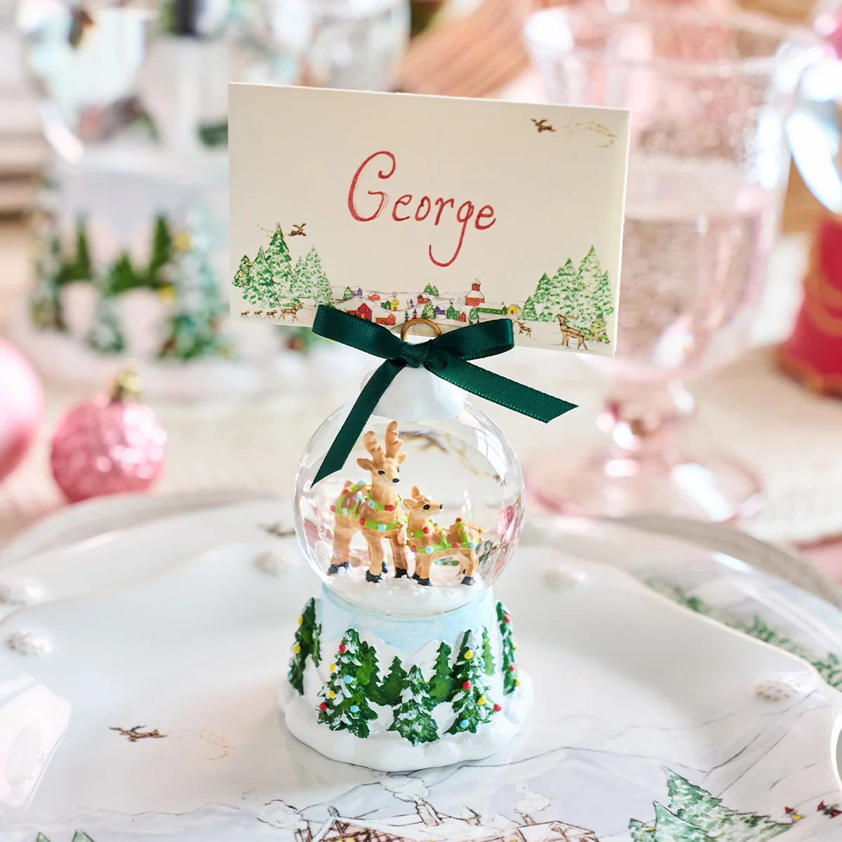 North Pole Reindeer Snow Globe Place Card Holder