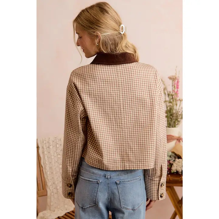 Gingham Check Print Corduroy Collar Jacket