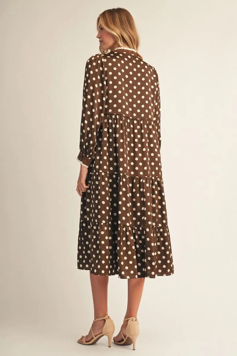 Ruffled Polka Dot Long-Sleeve Midi Dress