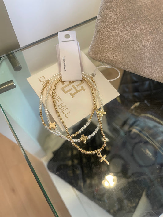 Caroline Hill Chancy Cross and Pearl Stretch Bracelet