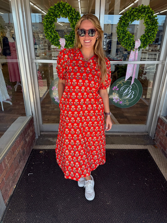 Red Botanical Maxi Dress