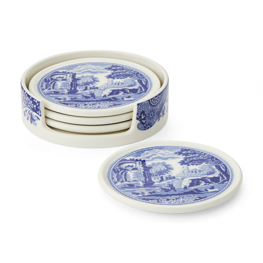 Spode Blue Italian Ceramic Coasters with Holder