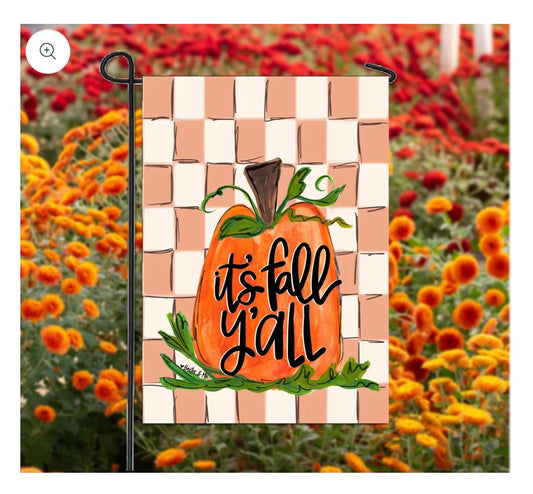 The Porch It's Fall Y'all Checkered Pumpkin Garden Flag