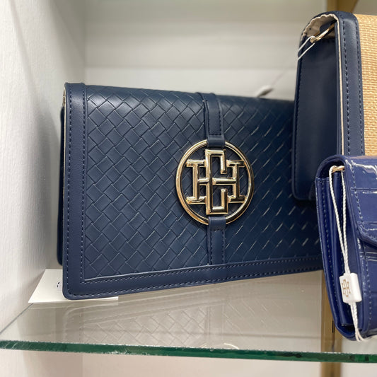 Caroline Hill Cecilia Circle Logo Handbag Woven Navy