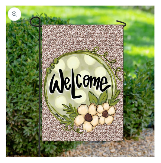 The Porch Sage & Soft Leopard Welcome Garden Flag