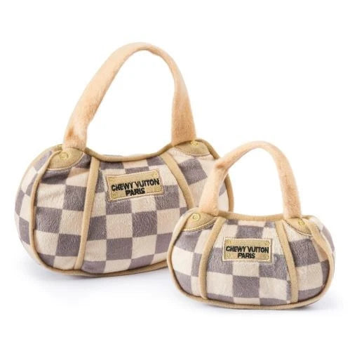 Tan Checker Chewy Vuiton Handbag | Squeaky Plush Dog Toy with Crinkle & Mesh Lining - Large