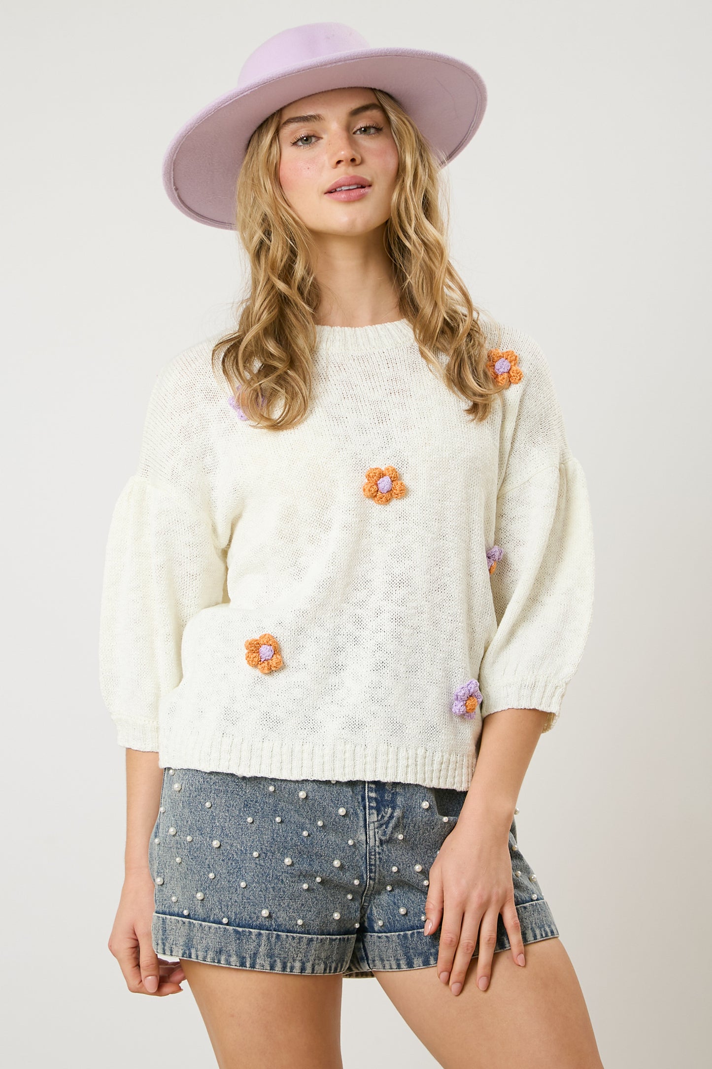 Flower Power Half-Sleeve Sweater with Embroidered Flowers