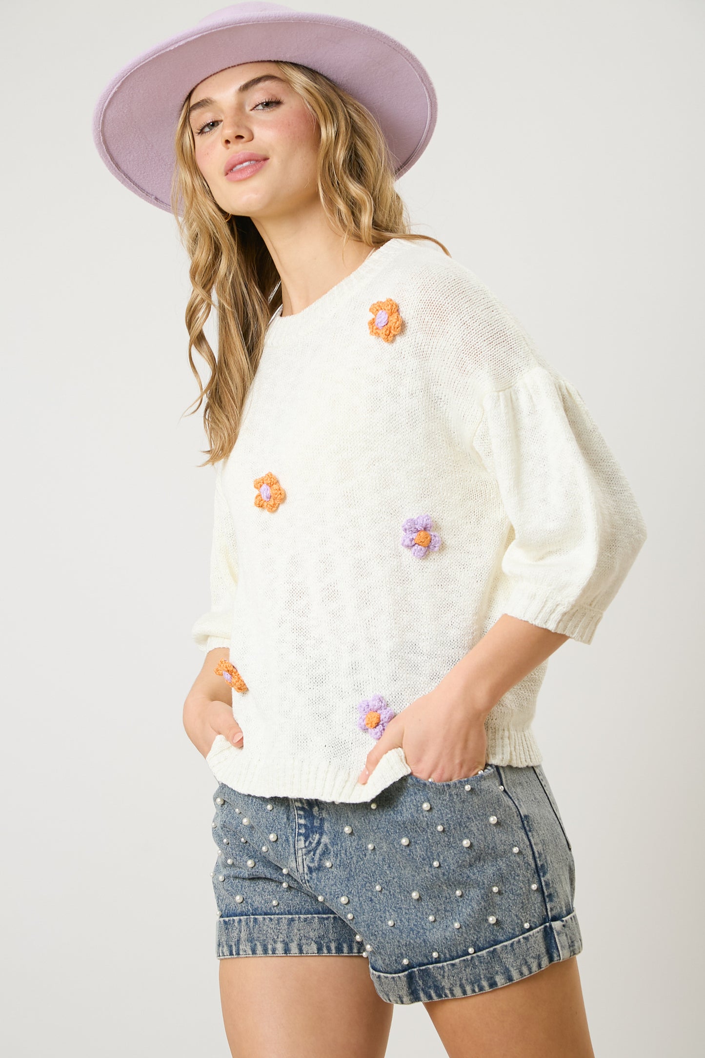 Flower Power Half-Sleeve Sweater with Embroidered Flowers