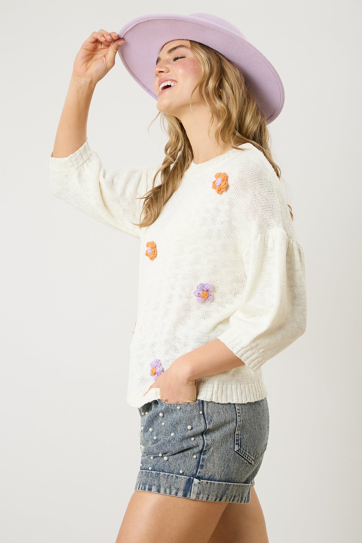 Flower Power Half-Sleeve Sweater with Embroidered Flowers