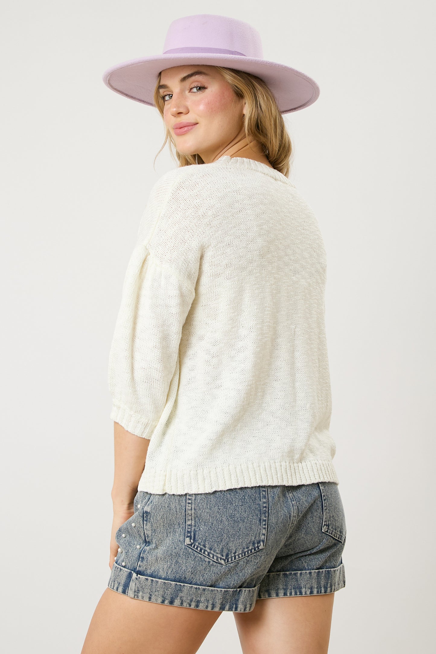 Flower Power Half-Sleeve Sweater with Embroidered Flowers