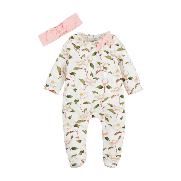 Mud Pie Magnolia Printed Baby Sleeper with Bow 0-3 Month