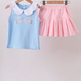 The Porch Blue pencil bow embroidery ruffle skorts set
