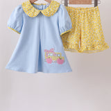 The Porch Blue Bus Floral Applique Ruffle Set
