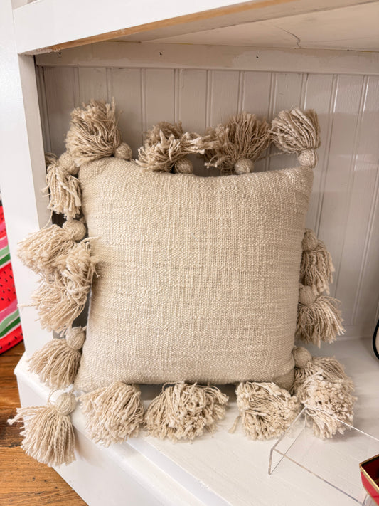 Bloomingville Woven Cotton Slub Pillow with Tassels, Sand