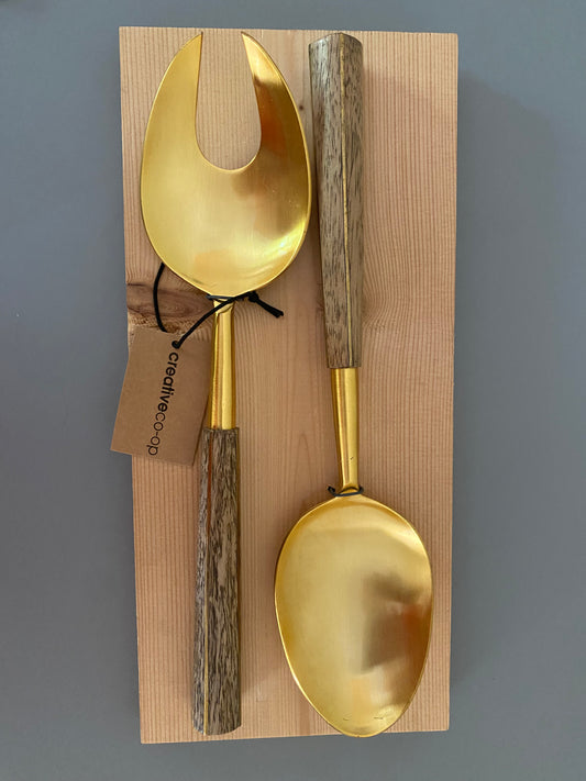 Creative Co-Op Gold Salad Servers with Wood Handle, Set of 2