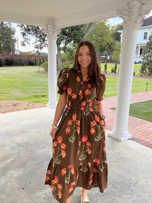 Entro Brown Meadow Midi Dress