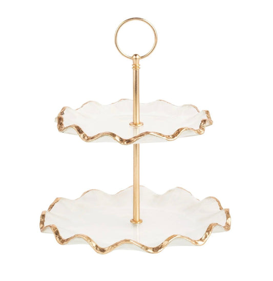The Porch Mud Pie Glass with Gold Edge Small Tiered Server