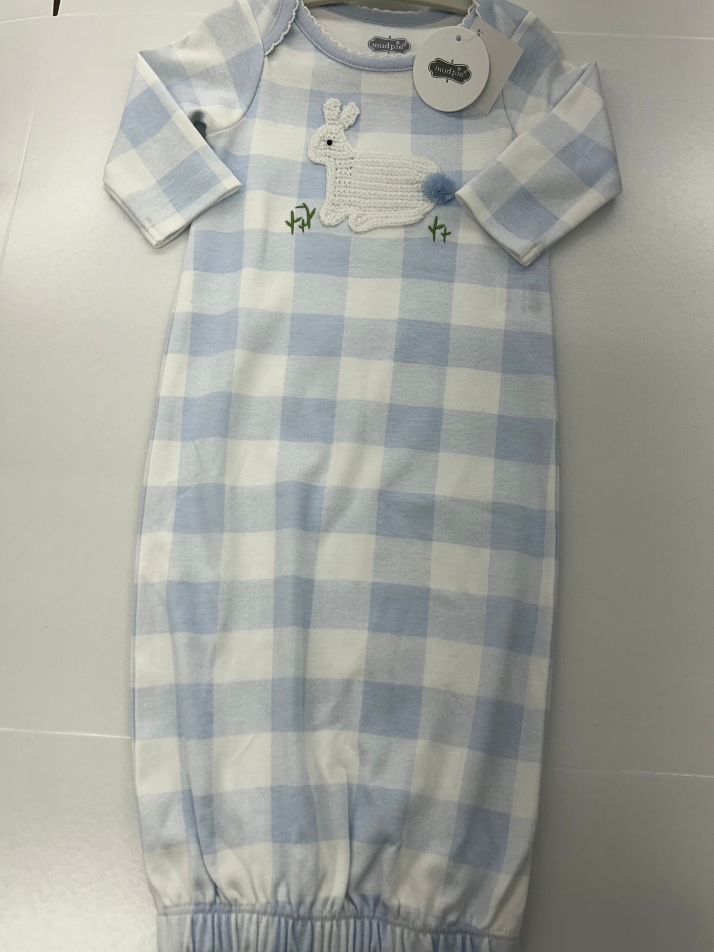 The Porch Mud Pie Blue & White Check Gown with Crocheted Rabbit