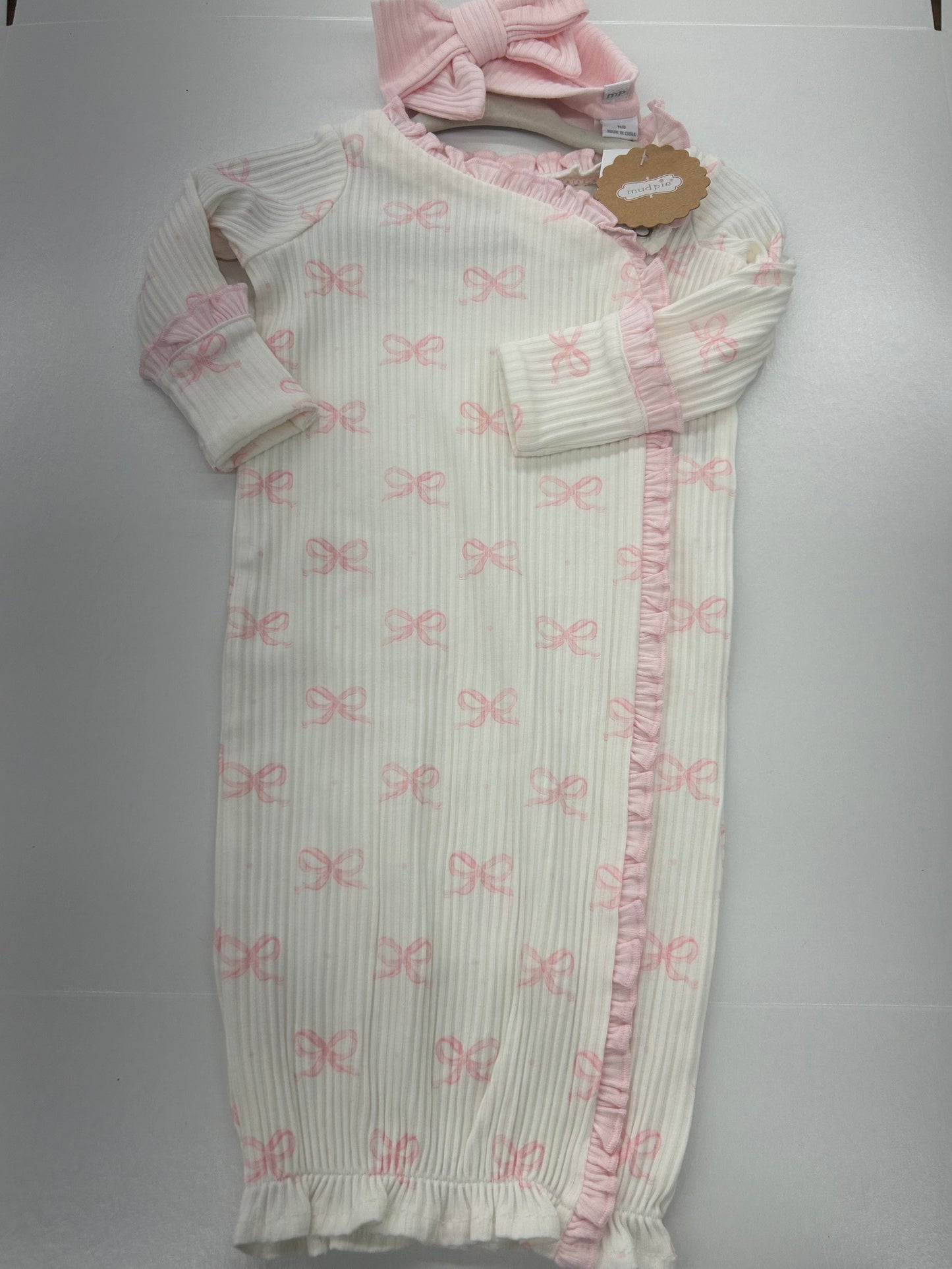 The Porch Mud Pie White with Pink Ruffles & Bow Pattern Gown