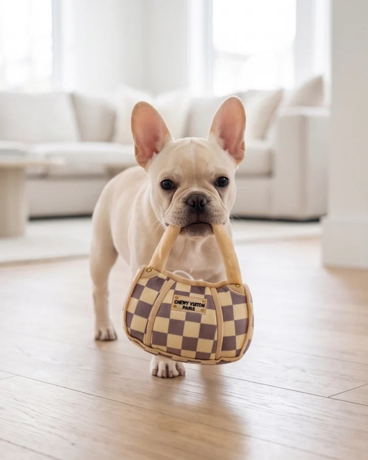Tan Checker Chewy Vuiton Handbag | Squeaky Plush Dog Toy with Crinkle & Mesh Lining - Large