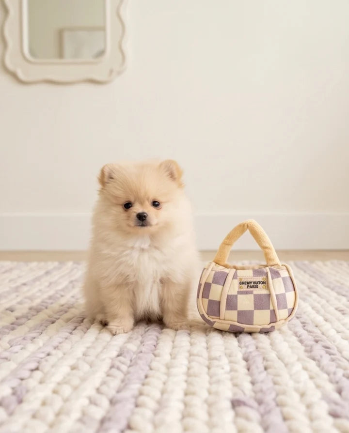 Tan Checker Chewy Vuiton Handbag | Squeaky Plush Dog Toy with Crinkle & Mesh Lining - Large