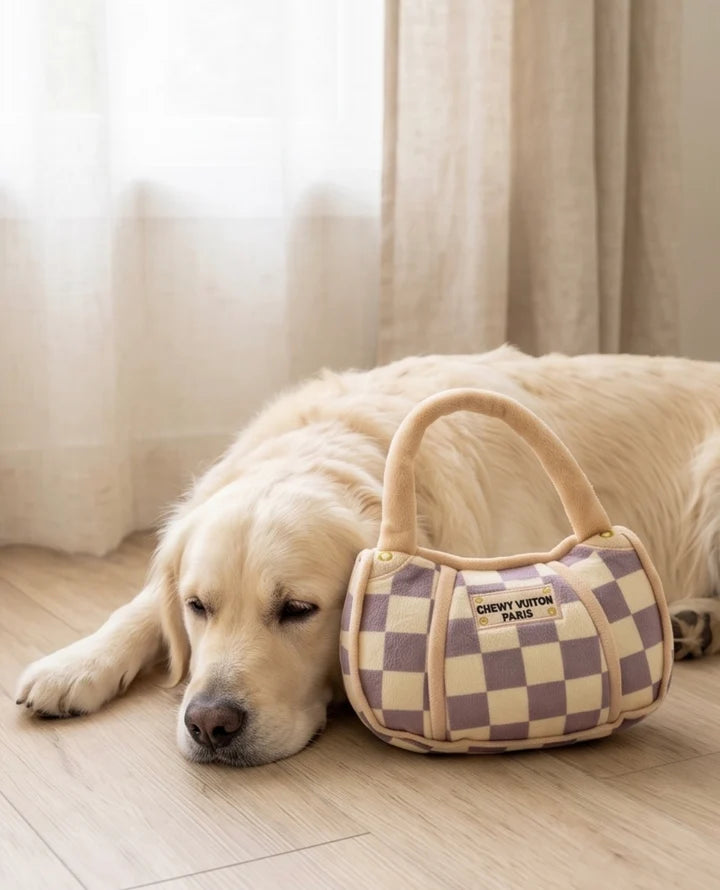 Tan Checker Chewy Vuiton Handbag | Squeaky Plush Dog Toy with Crinkle & Mesh Lining - Large